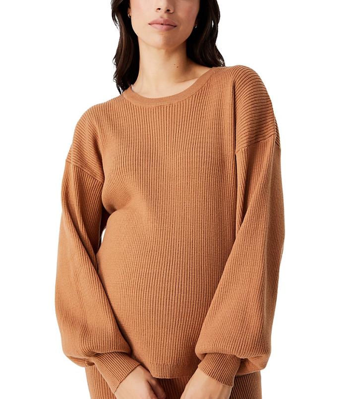 Cotton: On Maternity Roll Neck Pullover In Camel-brown