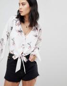 Honey Punch Tie Front Crop Top In All Over Floral Print - White