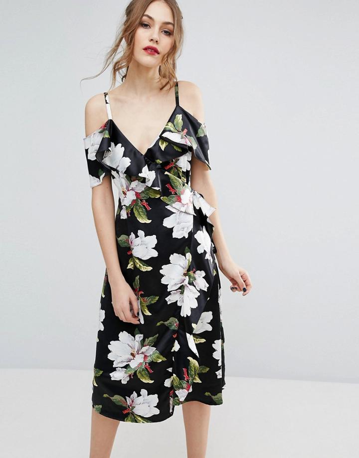 Warehouse Floral Cold Shoulder Wrap Midi Dress - Multi