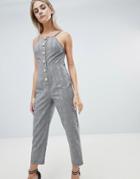 Prettylittlething Button Front Tailored Jumpsuit In Check - Gray