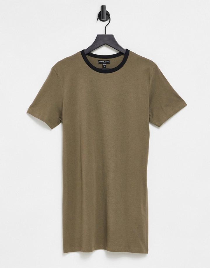 Brave Soul Lennie Contrast Ringer T-shirt Dress In Khaki-black