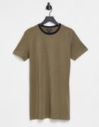 Brave Soul Lennie Contrast Ringer T-shirt Dress In Khaki-black