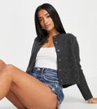 Asos Design Petite Crew Neck Cardi With Button Front In Dark Gray-grey