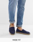 Asos Design Wide Fit Square Toe Espadrilles In Navy Faux Suede - Navy