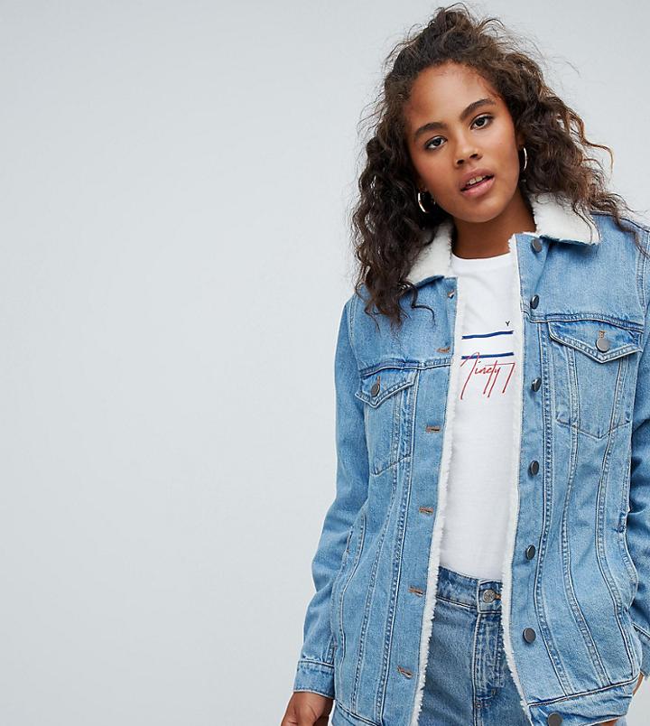 Asos Design Tall Denim Jacket With Fleece Collar In Midwash Blue - Blue