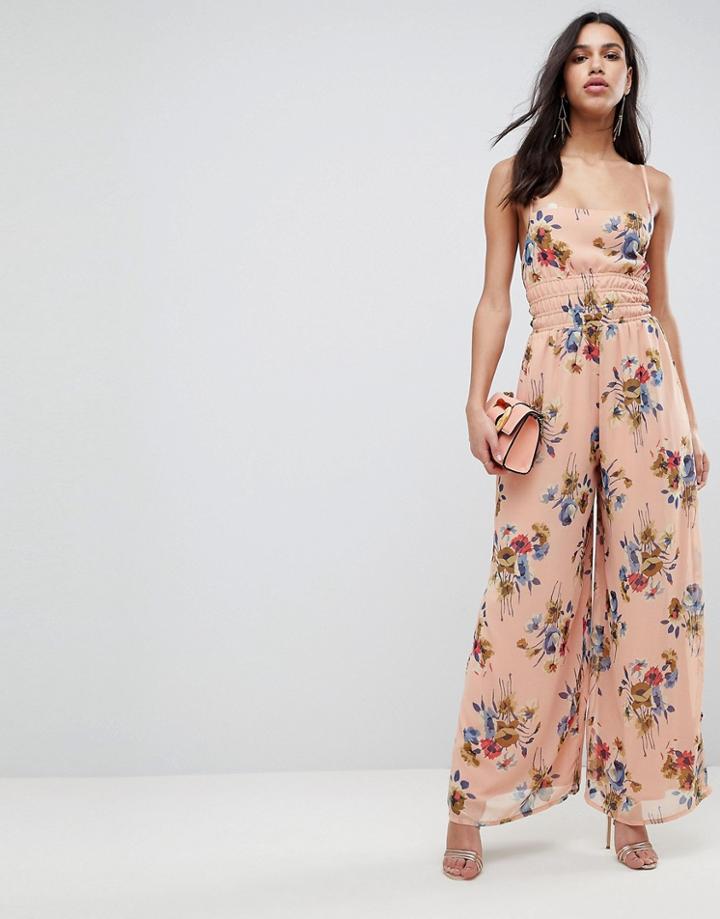 Asos Jumpsuit With Back Detail In Soft Floral Print-pink
