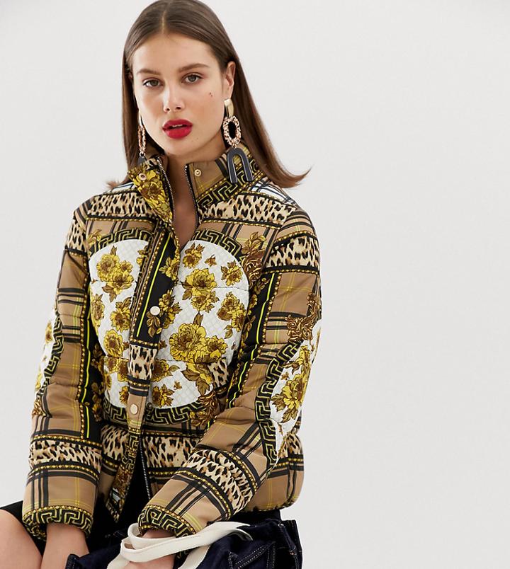 River Island Padded Jacket In Scarf Print - Brown