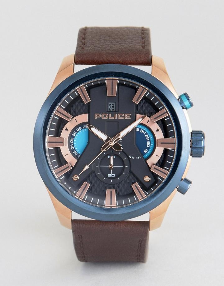 Police Cyclone Date Watch Black Dial With Brown Leather Strap - Brown