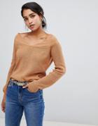 Vila Wide V Neck Sweater - Tan