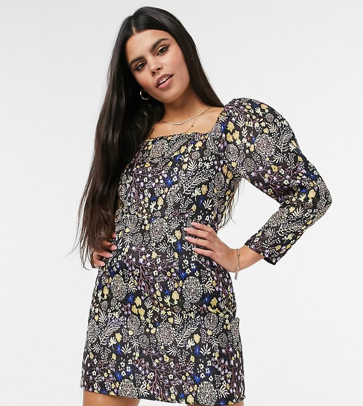 Y.a.s Petite Mini Dress With Square Neck And Balloon Sleeves In Black With Floral Embroidery-multi