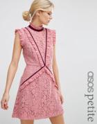Asos Petite Lace Shift Dress With Ruffle Detail And Contrast Trim - Pink