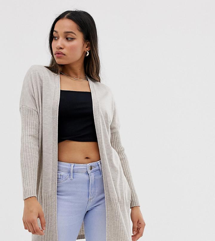 Asos Design Petite Long Line Fine Knit Cardi In Recycled Blend - Stone