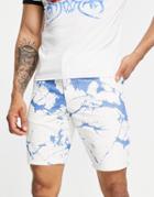 Asos Design Slim Denim Shorts In Printed Bleach Design-white