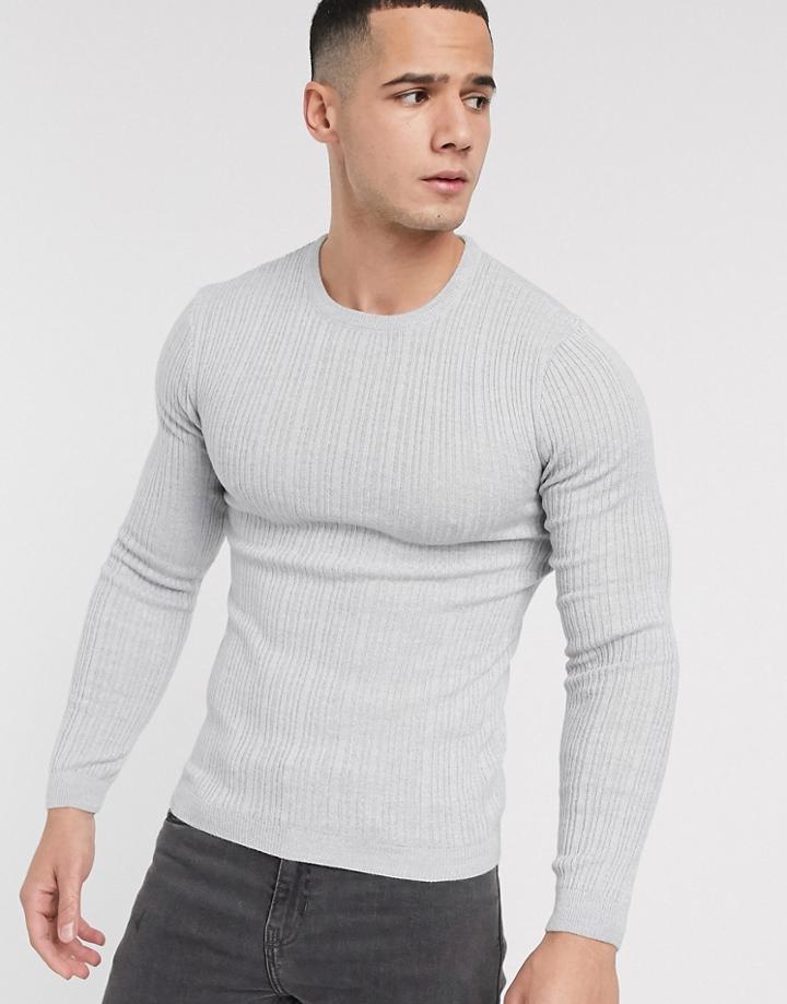 Asos Design Muscle Fit Irregular Ribbed Sweater In Gray-grey