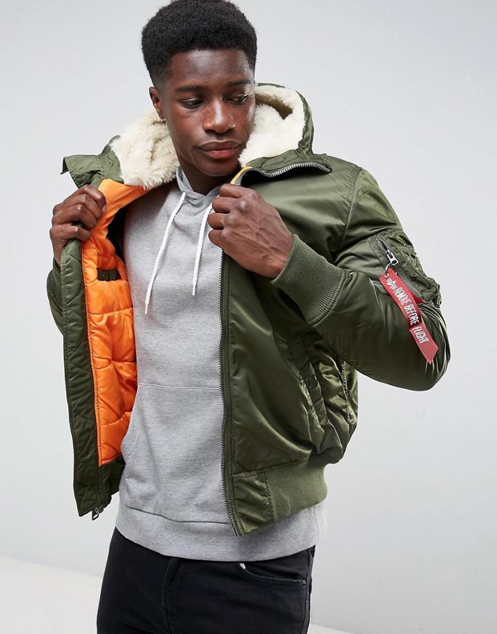 Alpha Industries Ma-1 Hooded Insulated Bomber Jacket Fleece Lined Hood In Sage - Green