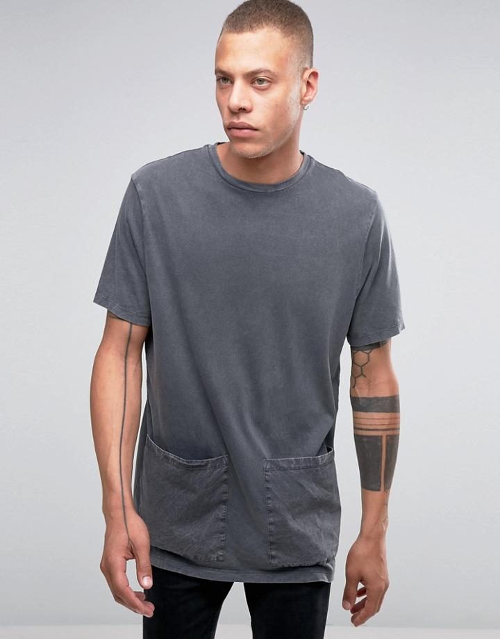 Asos Longline T-shirt With Snow Wash And Woven Pockets - Black