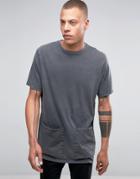 Asos Longline T-shirt With Snow Wash And Woven Pockets - Black
