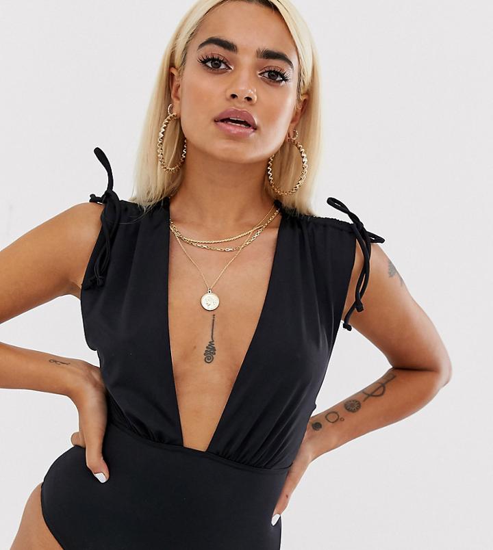 Asos Design Petite Recycled Ruched Shoulder Plunge Swimsuit In Black