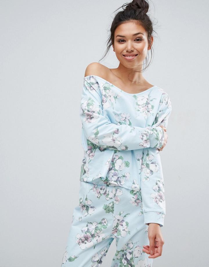 Asos Lounge Pretty Floral Off Shoulder Sweat Top - Multi