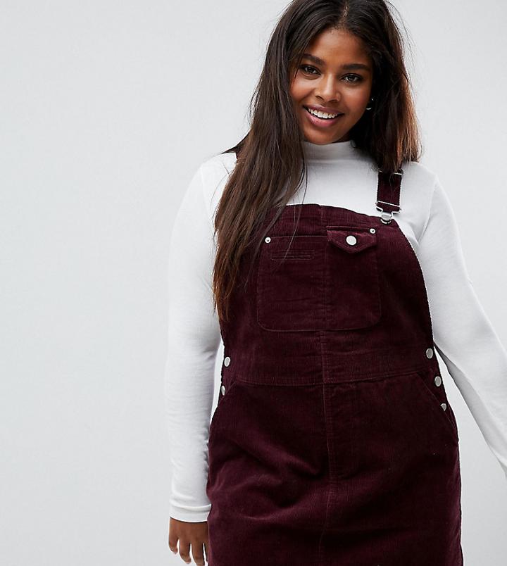 Asos Design Curve Cord Overall Dress In Oxblood - Red