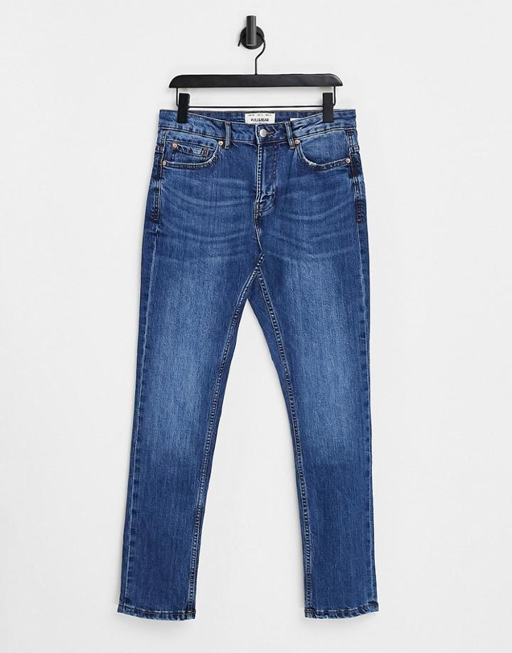 Pull & Bear Slim Fit Jeans In Dark Blue-blues