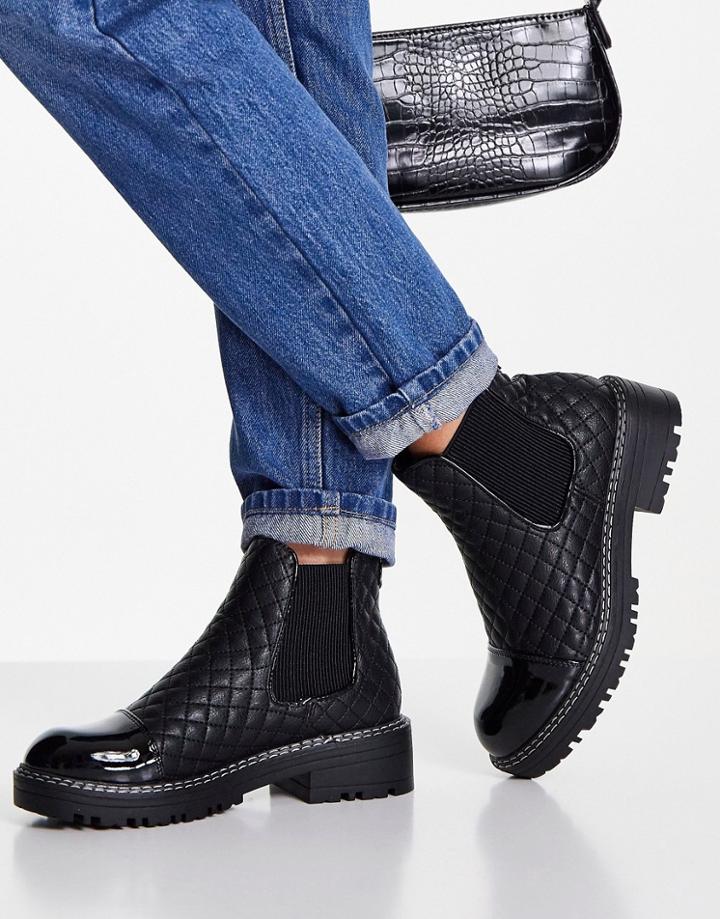 River Island Quilted Flat Chelsea Boot In Black