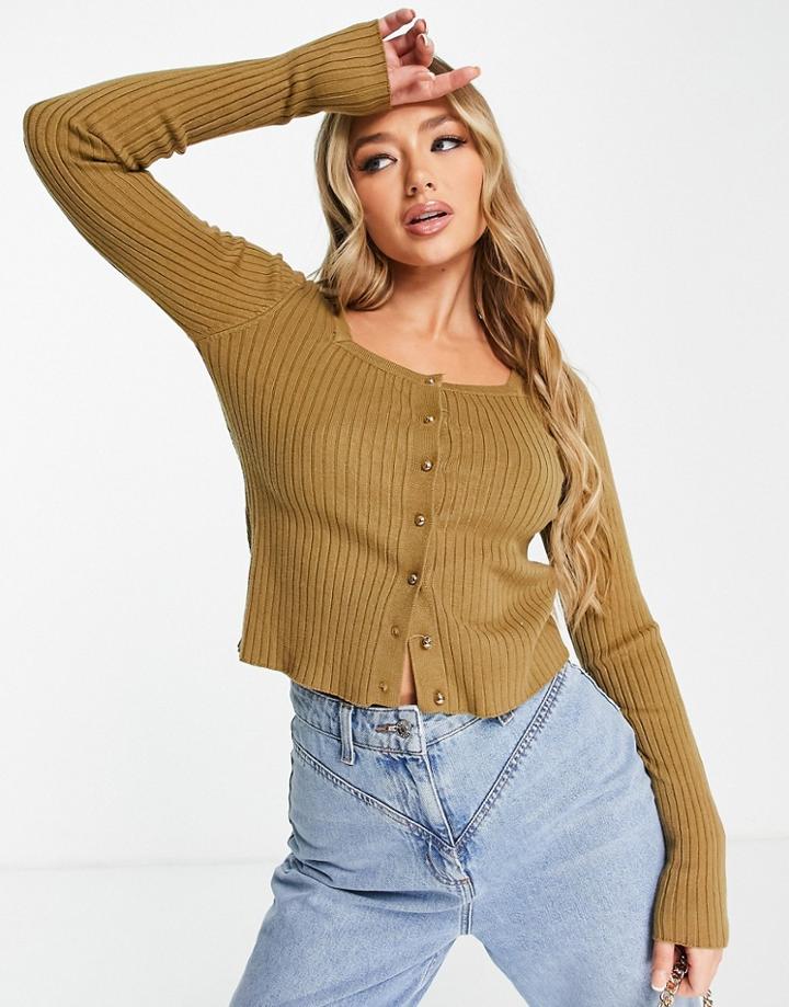 Qed London Square Neck Ribbed Cardigan In Olive-neutral
