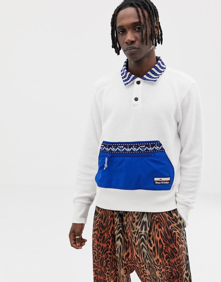 Kings Of Indigo Collared Overhead Sweat With Pouch Pocket In White/blue - White