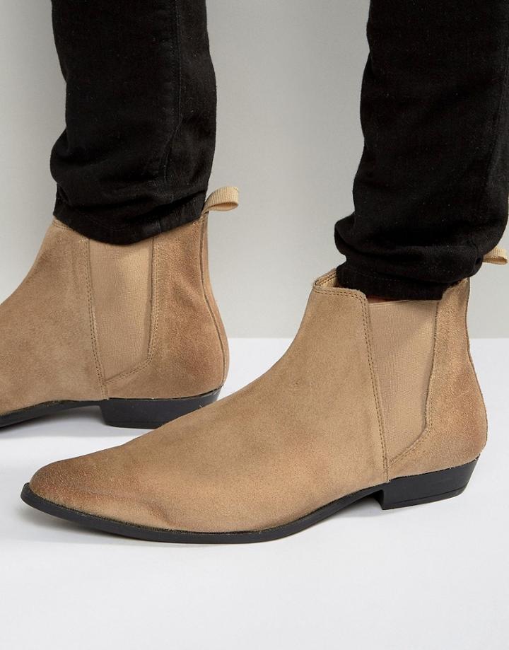 Asos Pointed Chelsea Boots In Stone Suede - Stone