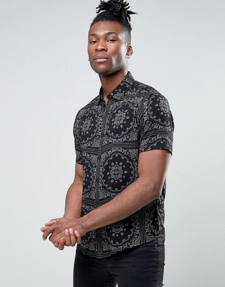 Asos Regular Fit Viscose Shirt With Bandana Print - Black