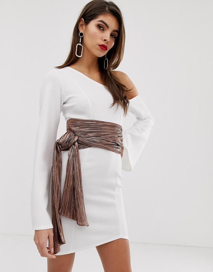 Asos Design Off Shoulder Metallic Belt Scuba Mini Dress-white
