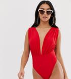 Asos Design Petite Ruched Shoulder Deep Plunge Swimsuit In Red - Red