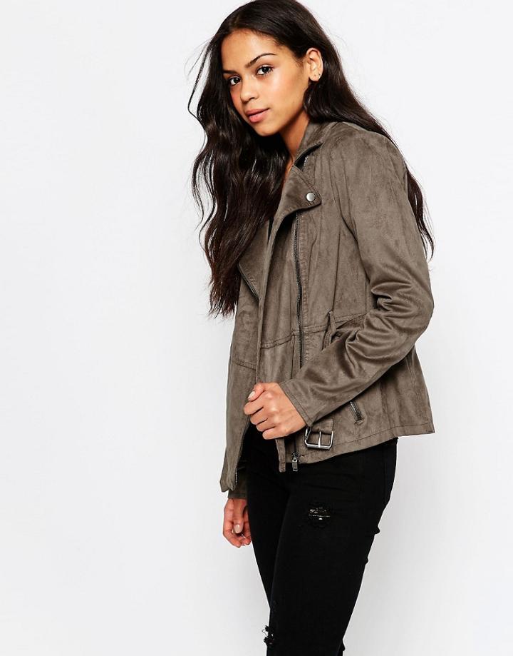 Only Rhonda Faux Suede Belted Biker Jacket - Falcon