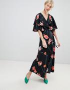 Vero Moda Printed Flutter Sleeve Wrap Maxi Dress-multi