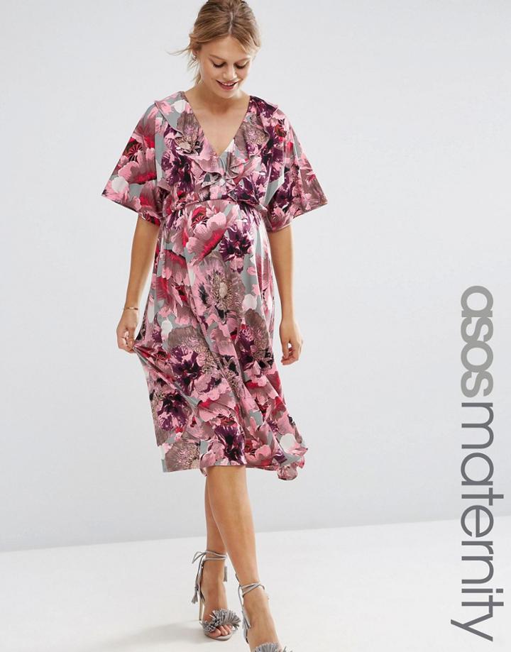 Asos Maternity Pink And Gray Iris Soft Midi Swing Dress - Multi