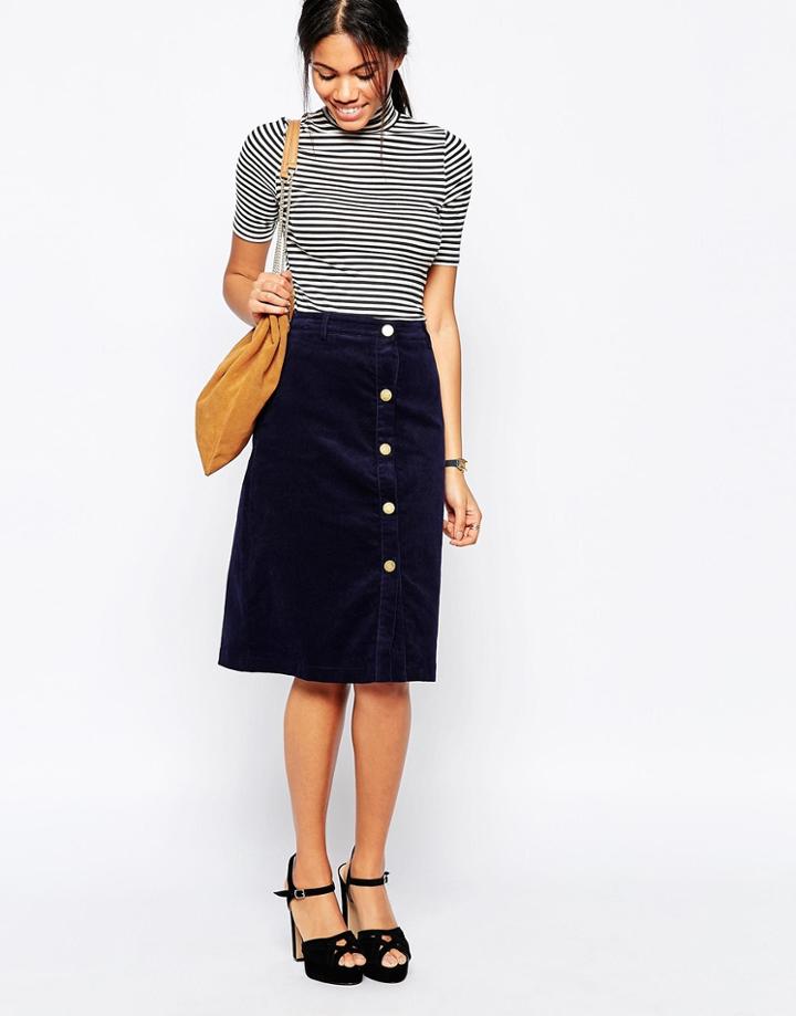 Influence Button Through Midi Cord Skirt - Navy