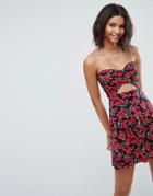 Asos Bow Front Bandeau Mini Skater Dress In Cherry Print - Multi