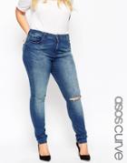 Asos Curve Ridley Skinny Jeans In Mid Wash With Ripped Knee - Midwash Blue