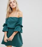 Asos Petite Scuba Crop Top Bardot Fluted Sleeve Mini Dress - Green