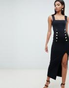 Asos Design Square Neck Scuba Maxi Dress With Buttons-black