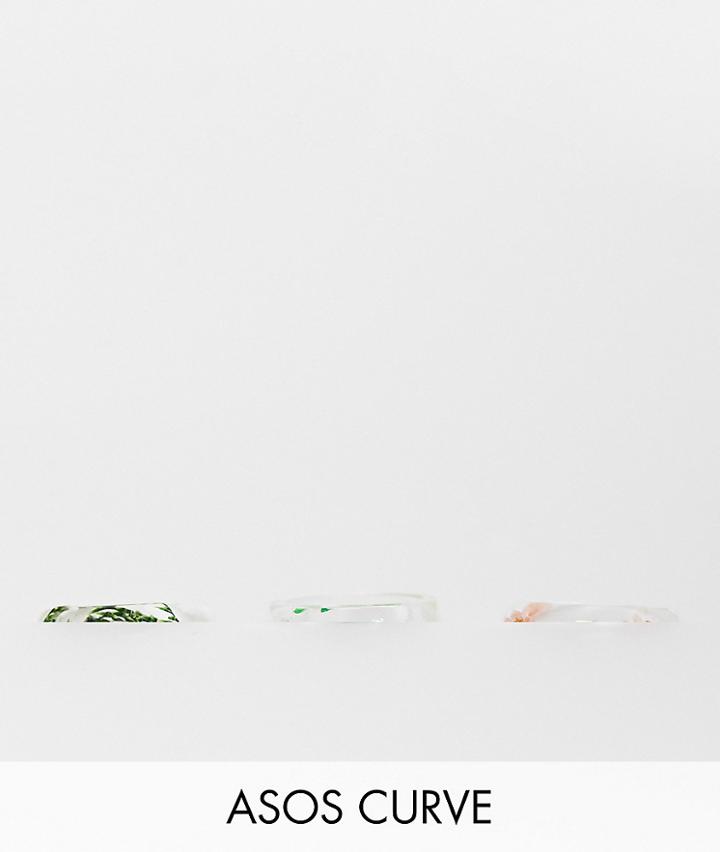 Asos Design Curve 3-pack Rings With Trapped Flowers In Clear Plastic-multi