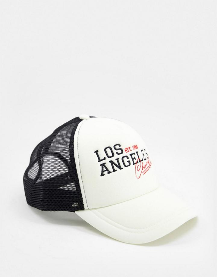 Asos Design Trucker Cap In Black With Food Text Embroidery