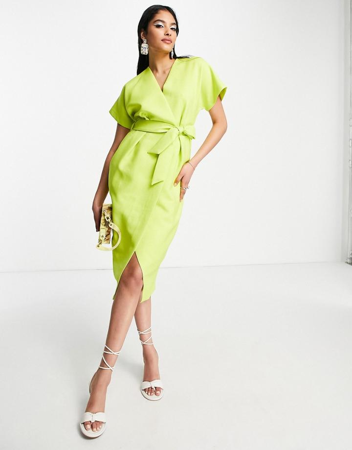 Closet London Kimono Wrap Dress In Lime-green