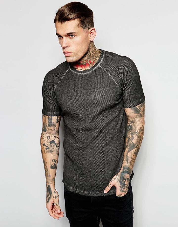 Asos Muscle Waffle T-shirt With Oil Wash In Black - Black