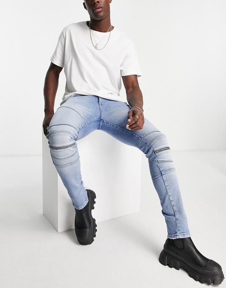Asos Design Skinny Jeans In Mid Wash With Knee Zip Moto Detail-blue