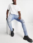 Asos Design Skinny Jeans In Mid Wash With Knee Zip Moto Detail-blue
