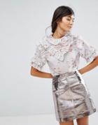 Lost Ink Short Sleeve Top With Frills - Gray