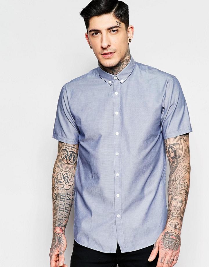 Lindbergh Oxford Shirt In Navy Short Sleeves - Navy