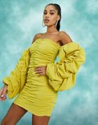 Asos Design Extreme Ruched Bardot Mini Dress In Chartreuse-yellow