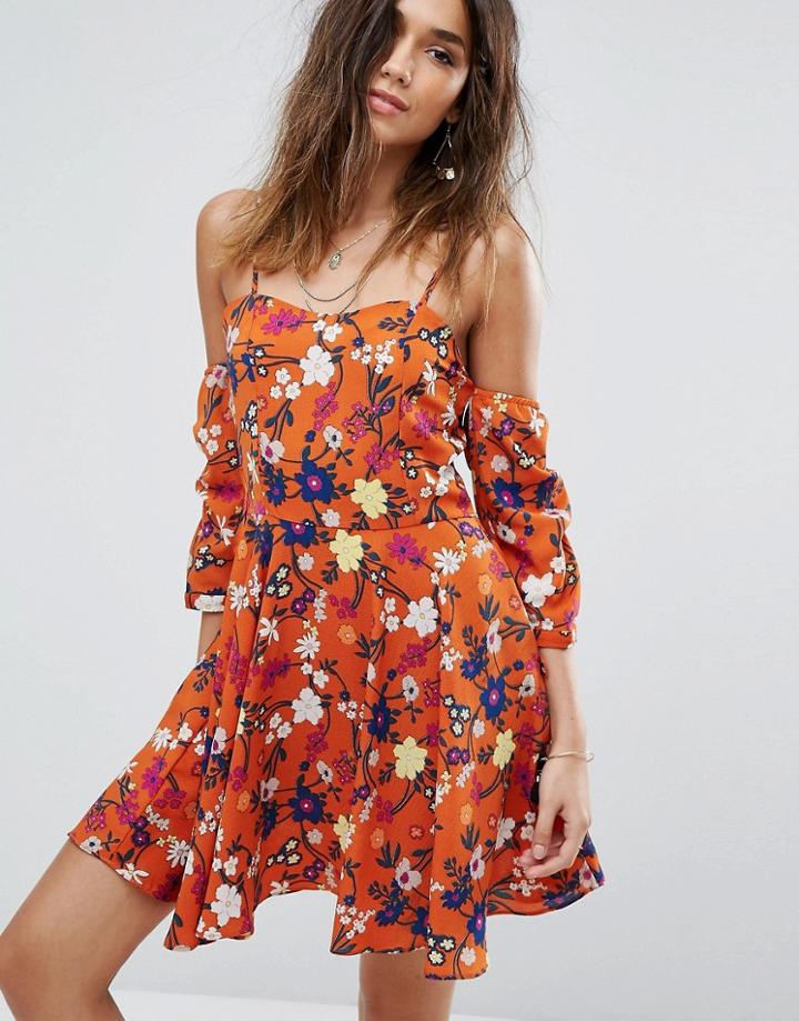 Boohoo Floral Cold Shoulder Skater Dress - Red
